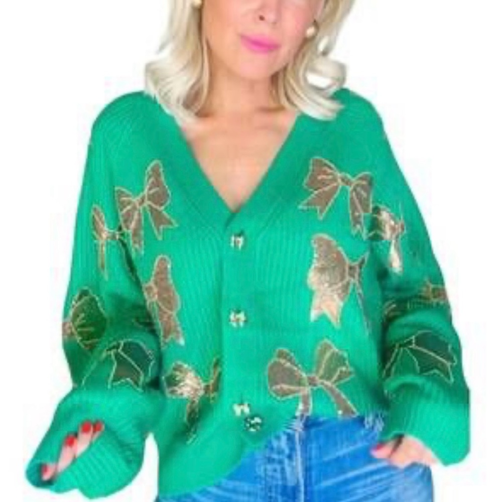 Queen of Sparkles Bow Cardigan in Green with Gold Sequin Bows.